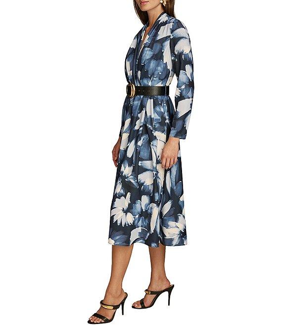 Donna Karan V-Neck Long Sleeve Belted Fit and Flare Midi Dress Product Image