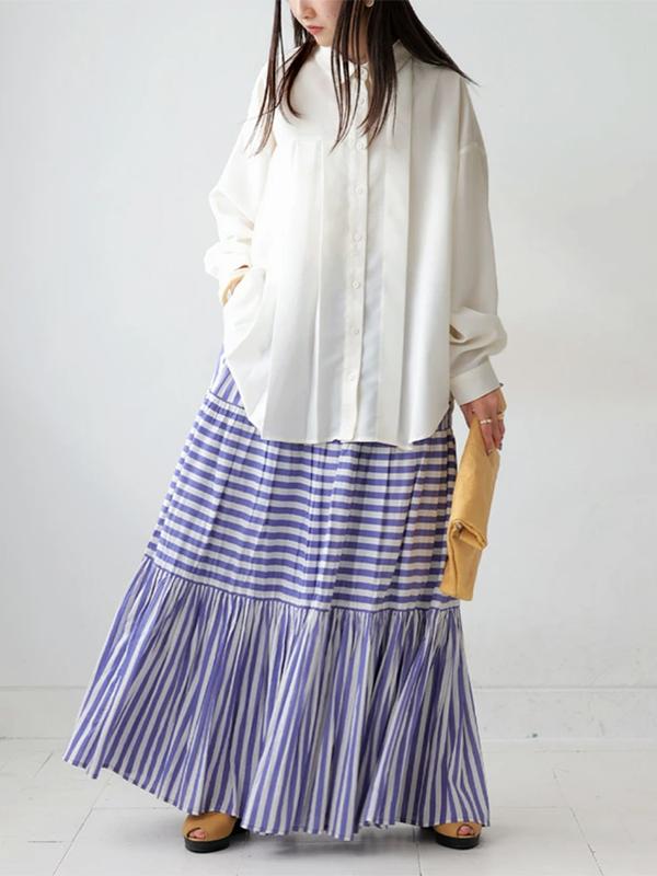 Long Sleeves Loose Buttoned Pleated Solid Color Lapel Blouses&Shirts Tops Product Image