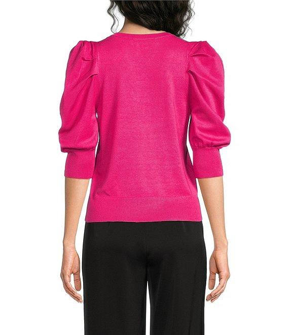 DKNY by Donna Karan Pleated Puffed Elbow Length Sleeve V-Neck Knit Top Product Image