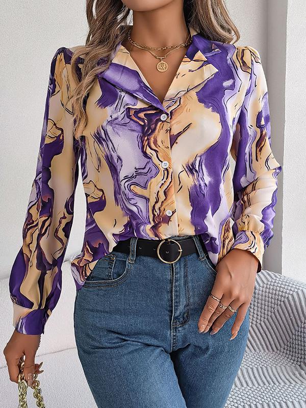 Long Sleeves Loose Buttoned Printed Notched Collar Blouses&Shirts Tops Product Image