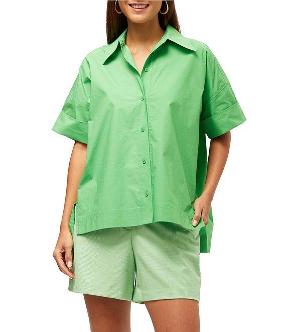 Trina Turk Opponent Stretch Poplin Point Collar Short Sleeve High Low Top Product Image
