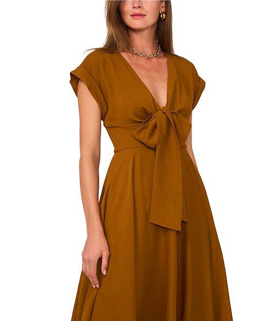 1. STATE Short Sleeve Asymmetrical Hem Tie Front Midi Dress Product Image