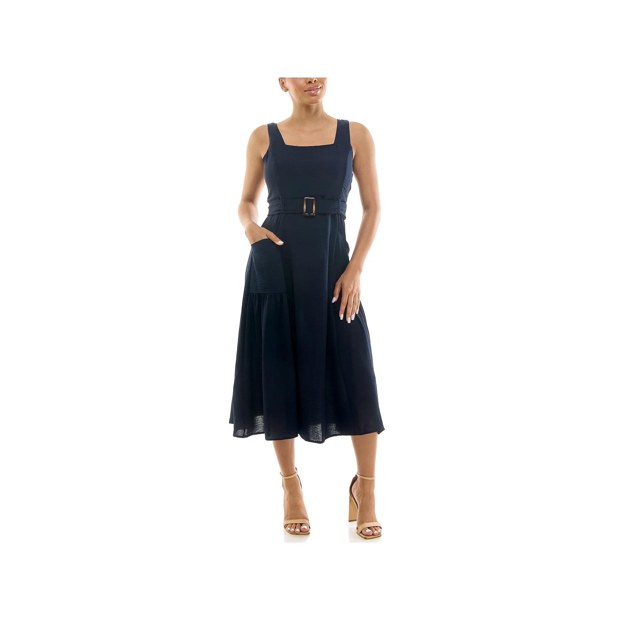 Women's Nina Leonard Square Neck Self Sash Dress,  Product Image