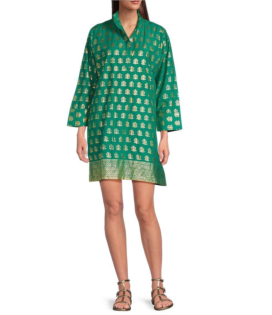 Jude Connally Helen Foiled Foulard Border Print Stand Collar Long Sleeve Dress Product Image