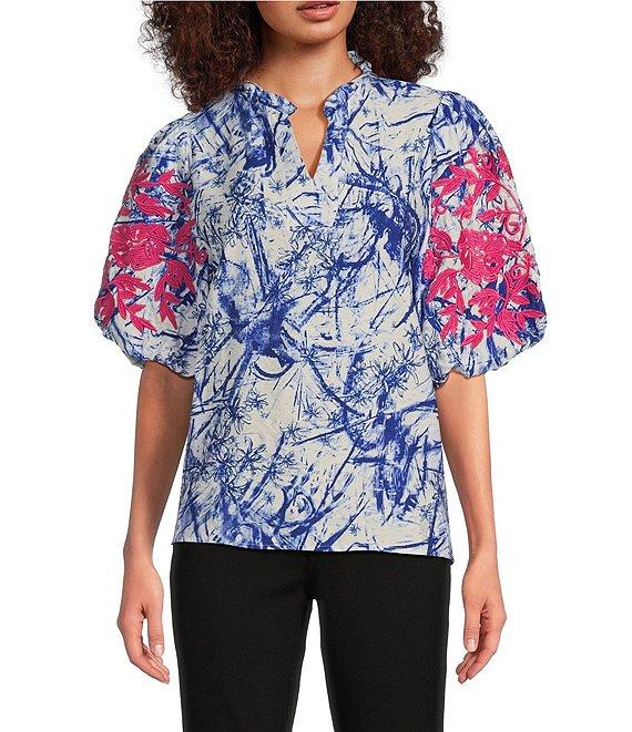 Calessa Petite Size Embroidered Printed Ruffled Split V-Neck Elbow Length Sleeve Tunic Product Image