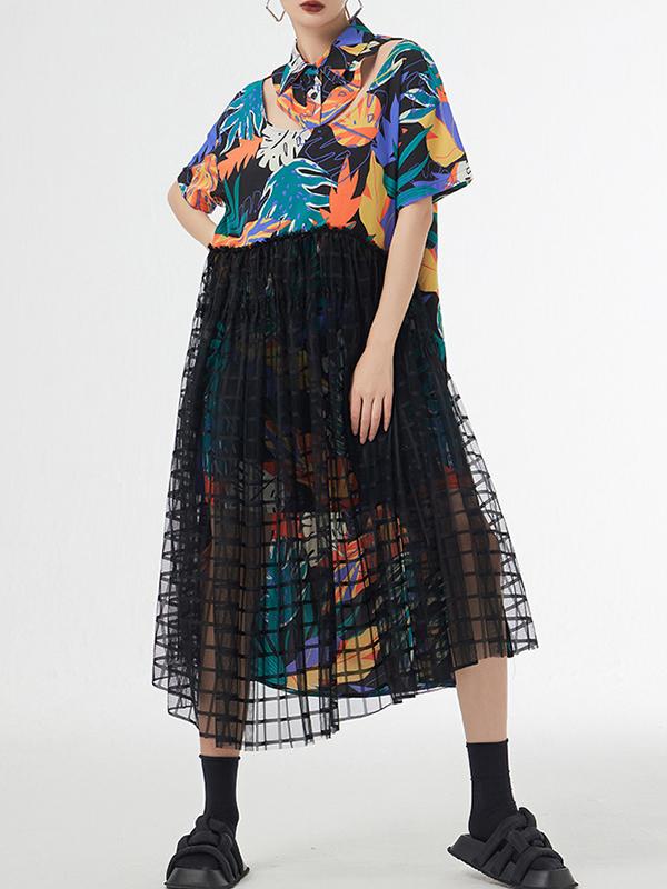 A-Line Loose Buttoned Hollow Mesh Printed Split-Joint Lapel Midi Dresses Product Image