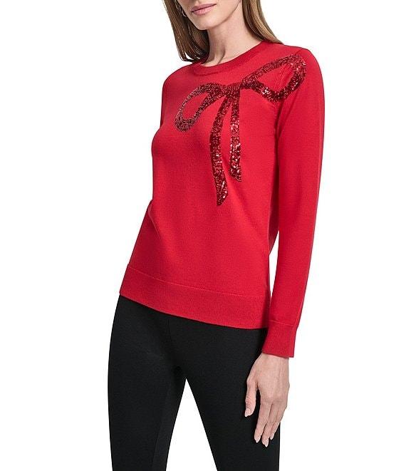 DKNY by Donna Karan Sequin Bow Crew Neck Long Sleeve Sweater Product Image