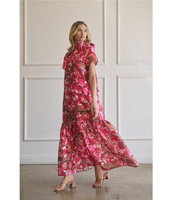 Sugarlips Mersin Sheer Floral Jacquard Organza Mock Neck Short Sleeves Tiered Hem Shift Maxi Dress Product Image