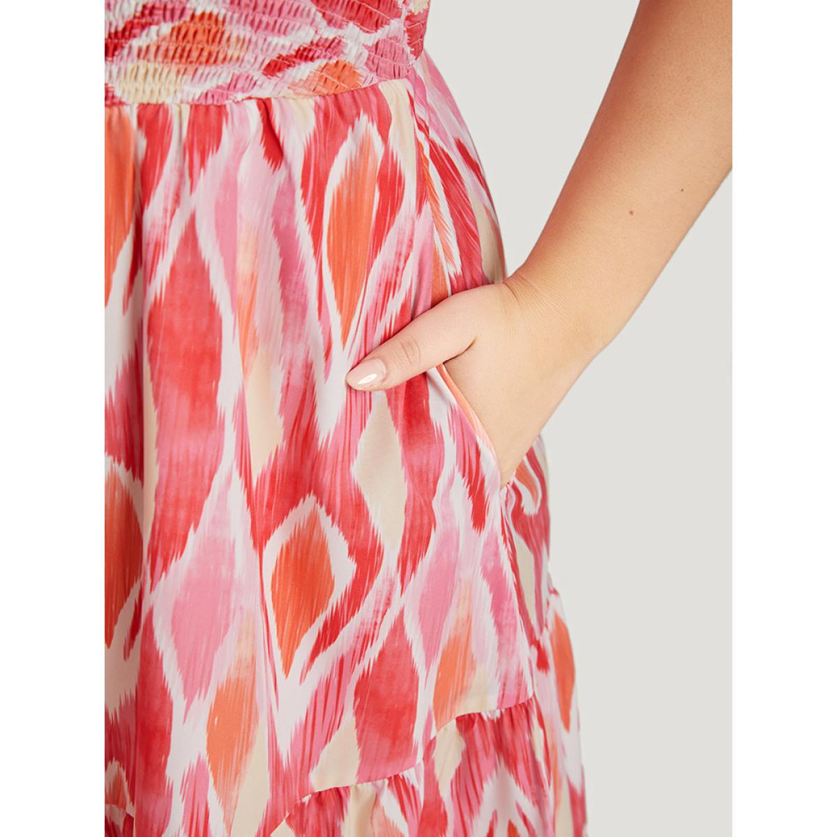 Plus Size Geometric Print Pocket Shirred Ruffles Sleeve Off Shoulder Dress Multicolor Women Elegant One-shoulder neck Short sleeve Curvy Midi Dress BloomChic 28/5X Product Image