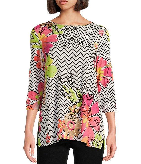 Multiples Petite Size Embellished Placement Print Scoop Neck 3/4 Sleeve Fitted Knit Top Product Image