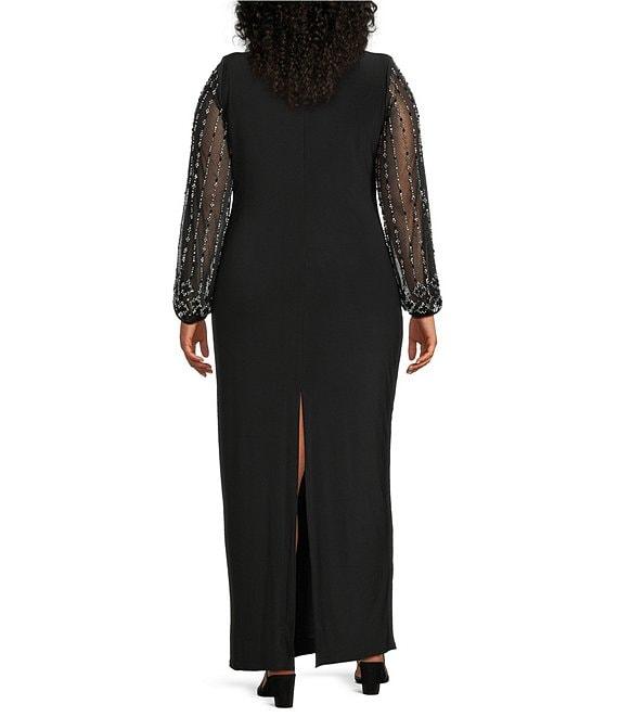 Marina Plus Size Boat Neck Long Beaded Sleeve Elastic Cuff Back Slit Matte Jersey Gown Product Image