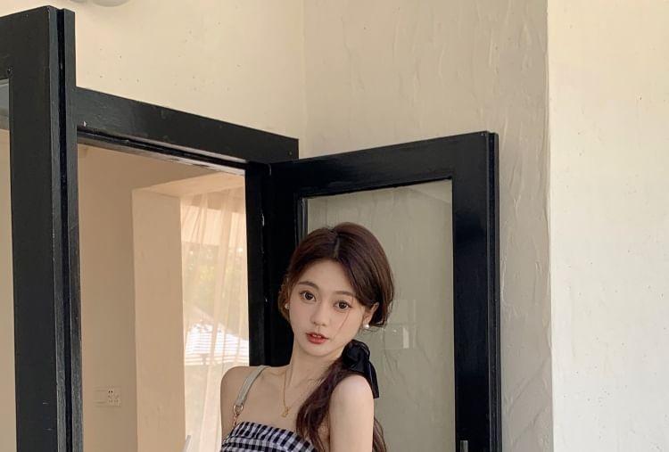 Maternity Open Front Plain Cardigan / Spaghetti Strap Plaid Midi A-Line Dress Product Image