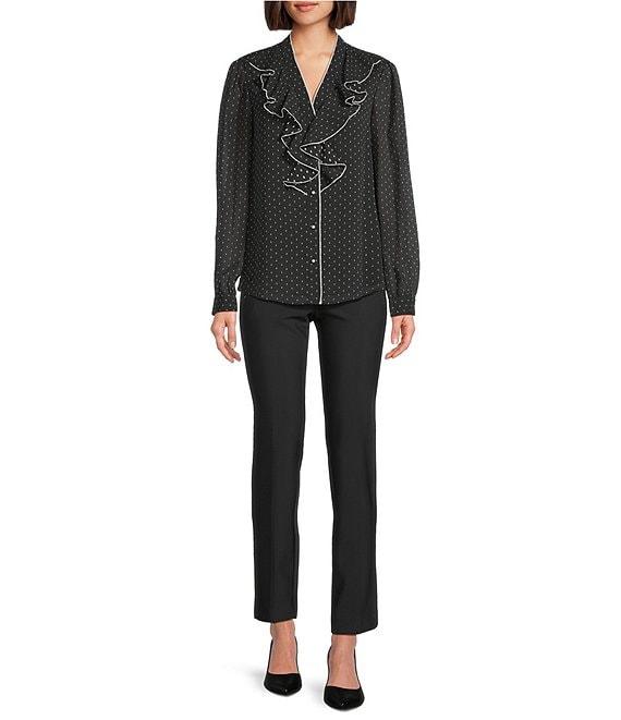 KARL LAGERFELD PARIS Woven Polka Dot Print V-Neck Long Sleeve Ruffle Front Blouse Product Image