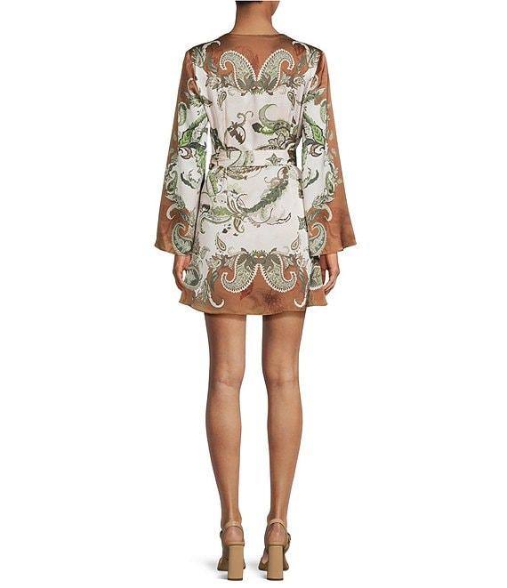 Gianni Bini Jenni Paisley Printed Satin V-Neck Long Sleeve Mini Wrap Dress Product Image