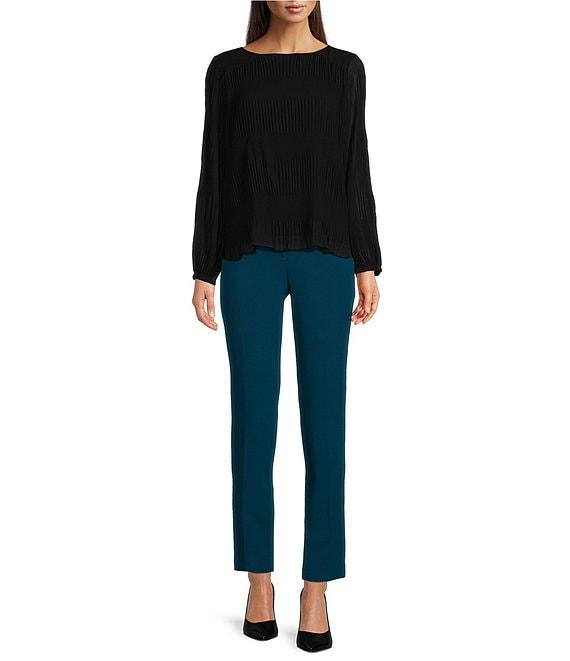 Calvin Klein Solid Chiffon Accordion Pleat Crew Neck Long Sleeve Top Product Image