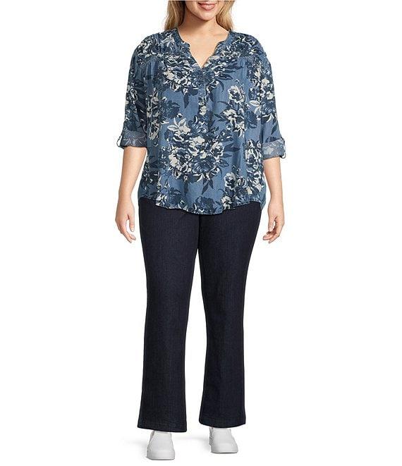 Intro Plus Size Lyocell Slub Floral Multi Print Y-Neck Long Roll-Tab Sleeve Shirttail Hem Blouse Product Image