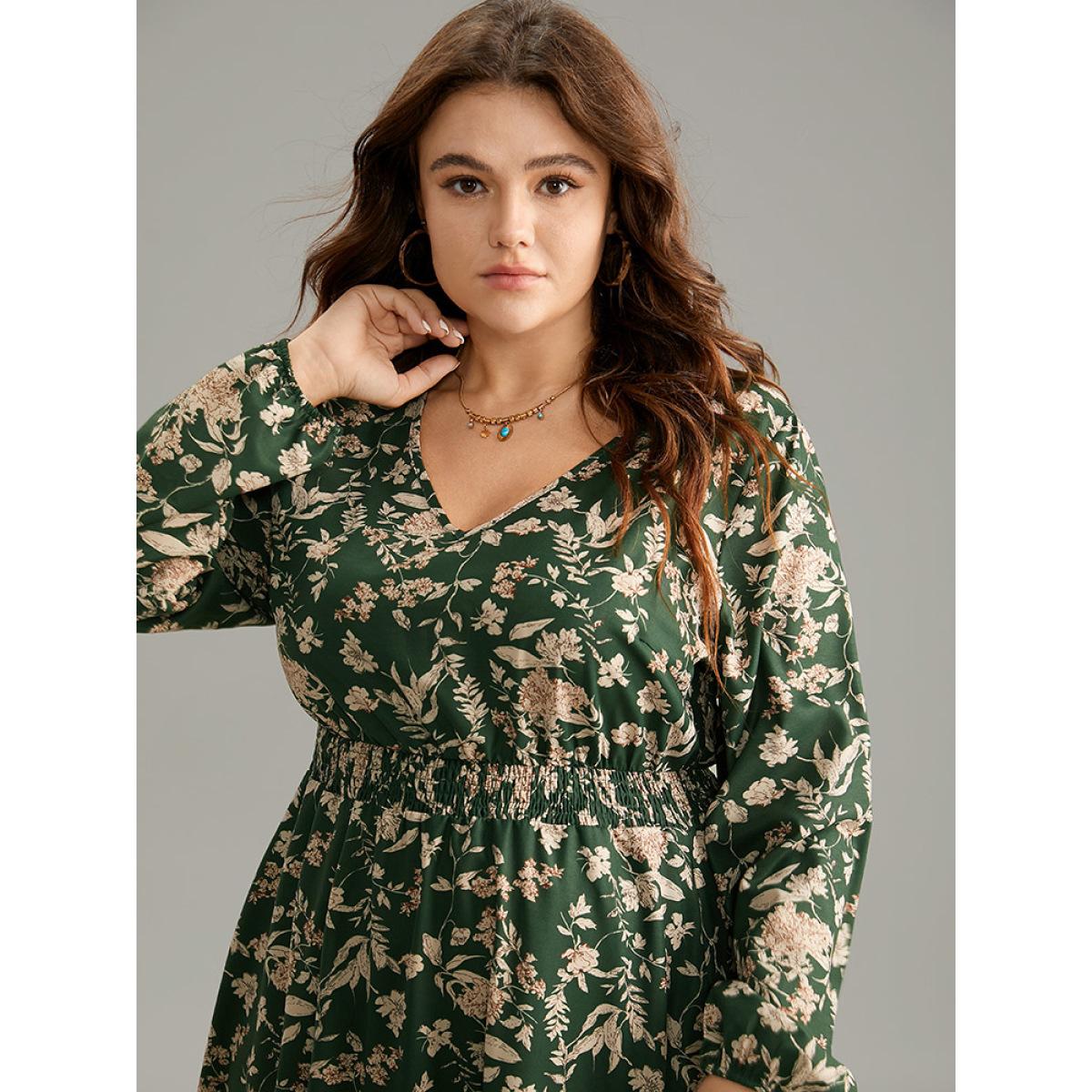 Plus Size Floral Shirred Pocket Lantern Sleeve Dress DarkGreen Women Elegant Elastic cuffs V-neck Long Sleeve Curvy Midi Dress BloomChic 14-16/1X Product Image
