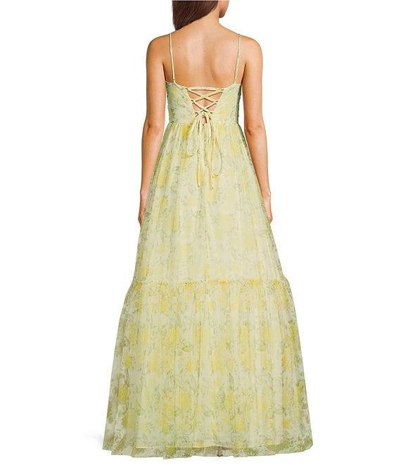 Blondie Nites Floral Print Mesh Sweetheart Neck Twist Front Spaghetti Strap Tie Back A-Line Gown Product Image