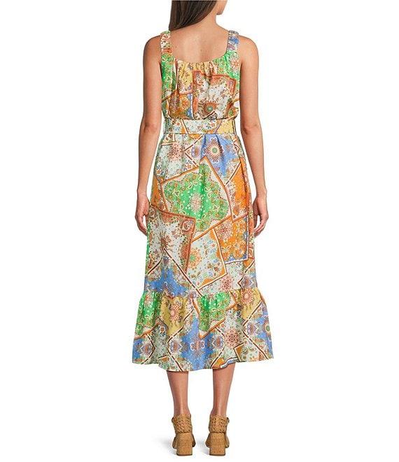 Current Air Patchwork Linen Blend Square Neck Sleeveless Belted Dress Product Image