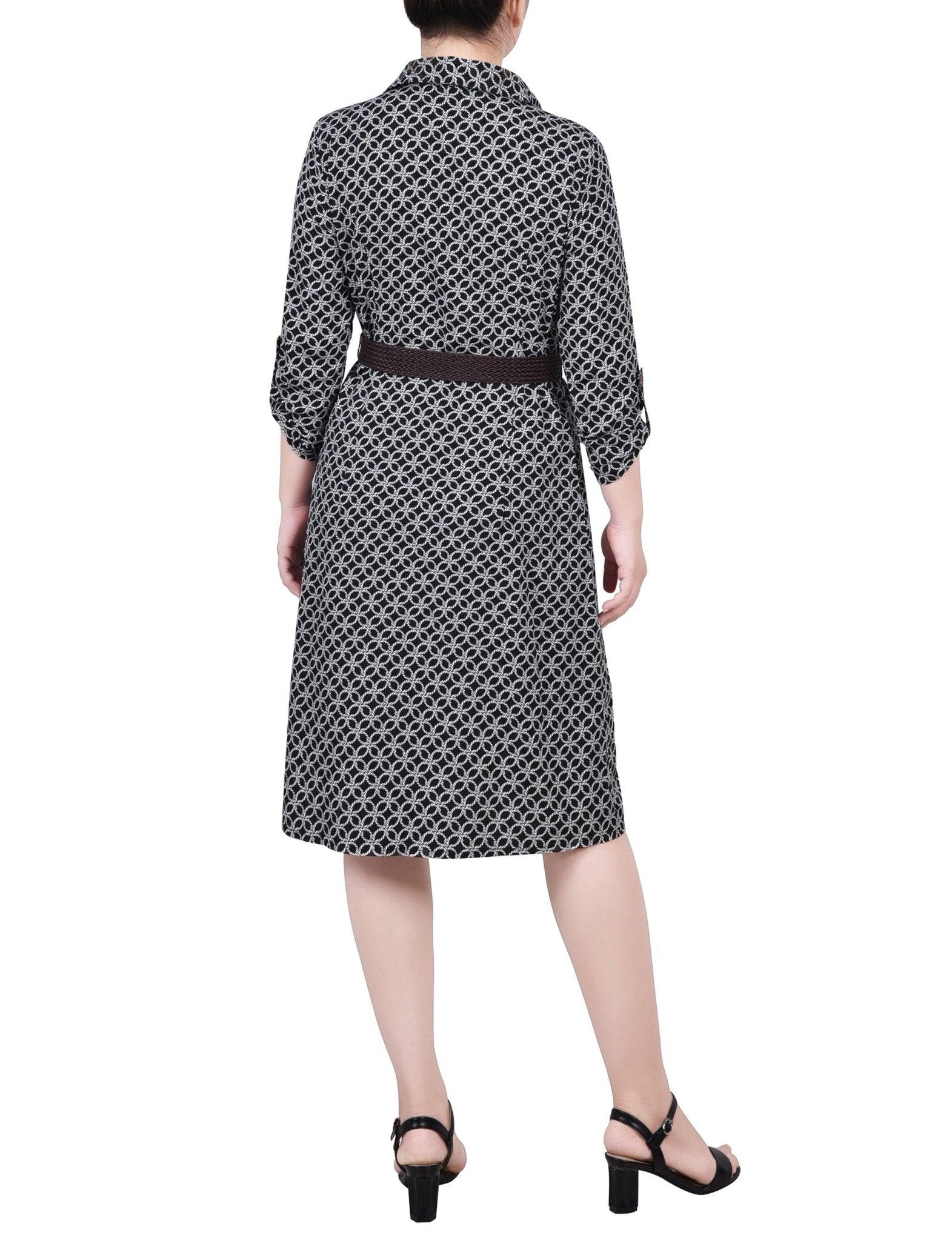 Black White Rope Iconic 3/4 Roll Tab Sleeve Shirtdress - Petite Product Image