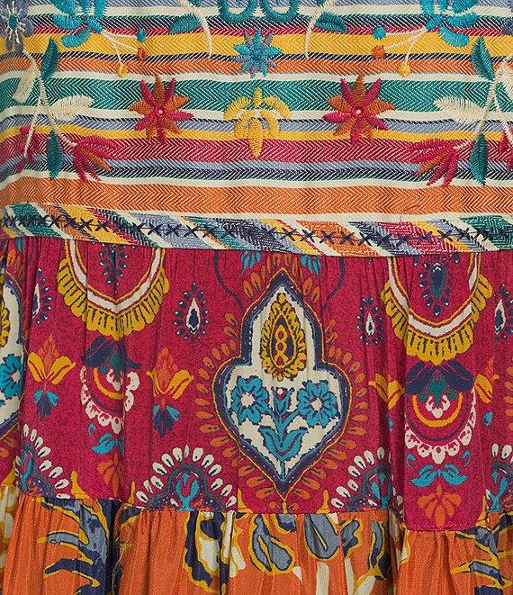 John Mark Patchwork Print Woven Crew Neck 3/4 Sleeves Embroidered A-Line Midi Dress Product Image