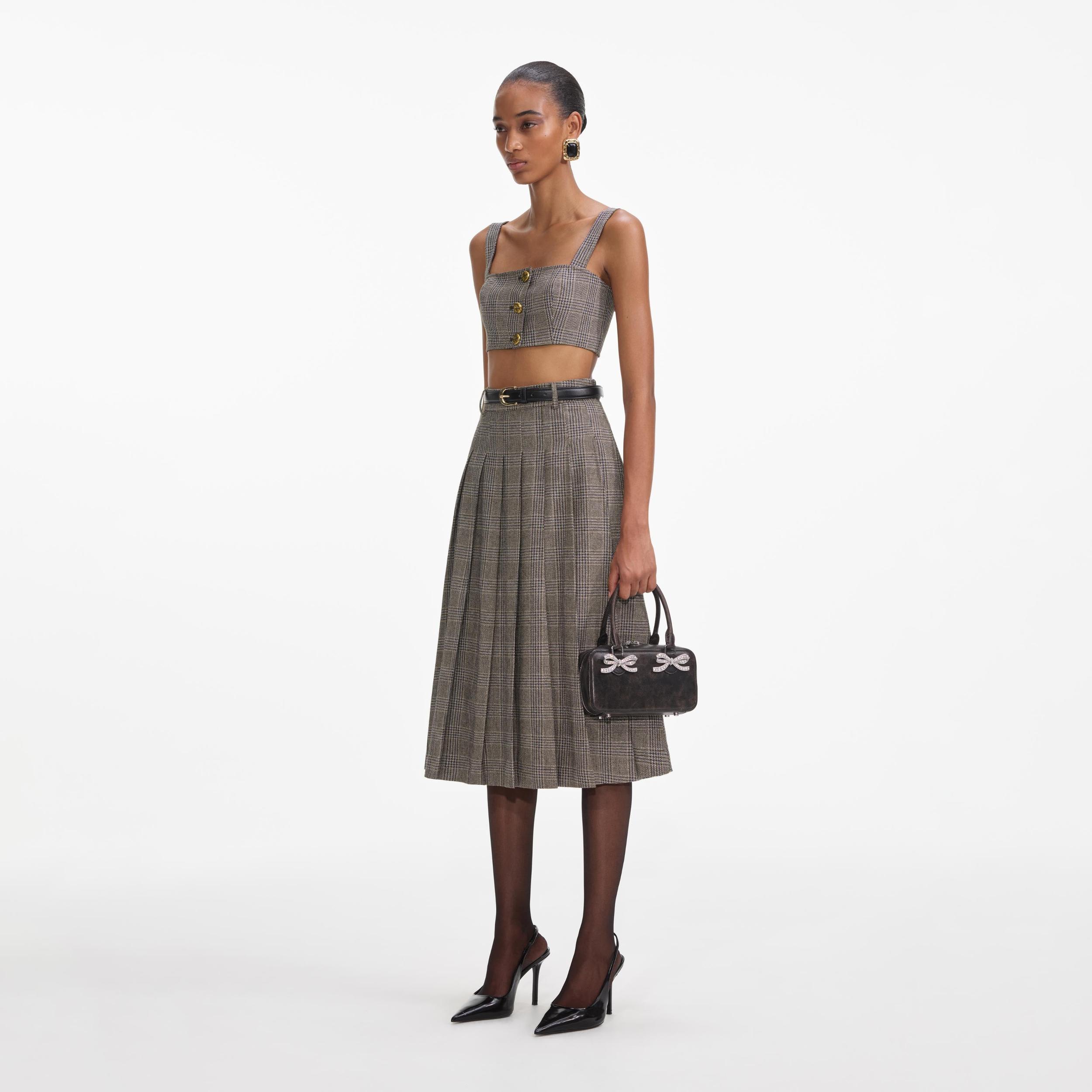 Brown Check Pleated Midi Skirt Product Image