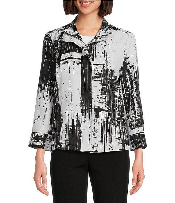Ali Miles Abstract Print Soft Collar 3/4 Sleeve Zip-Up Jacket Product Image