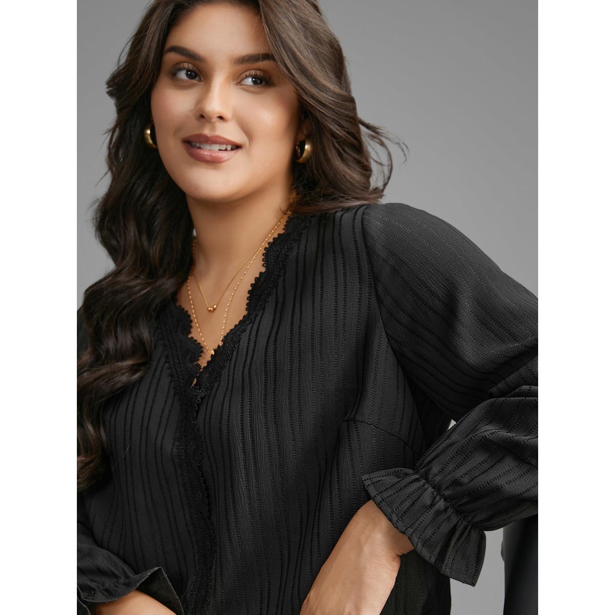 Plus Size Black Textured Lace Patchwork Pleated Blouse Women Elegant Long Sleeve V-neck Everyday Blouses BloomChic 30/6X Product Image