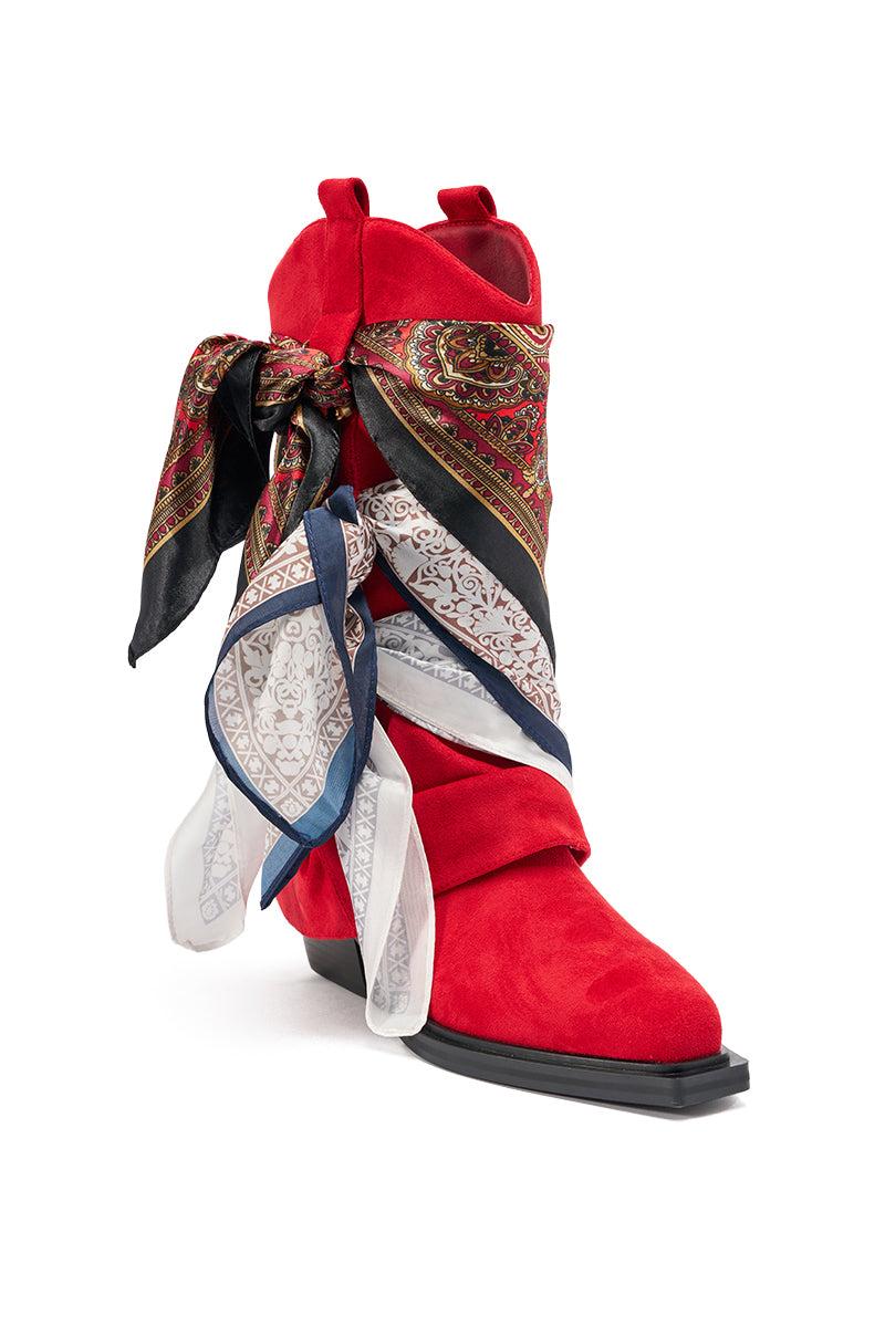 AZALEA WANG COBALT RED FAUX SUEDE SCARF EMBELLISHED WESTERN BOOTIE Product Image
