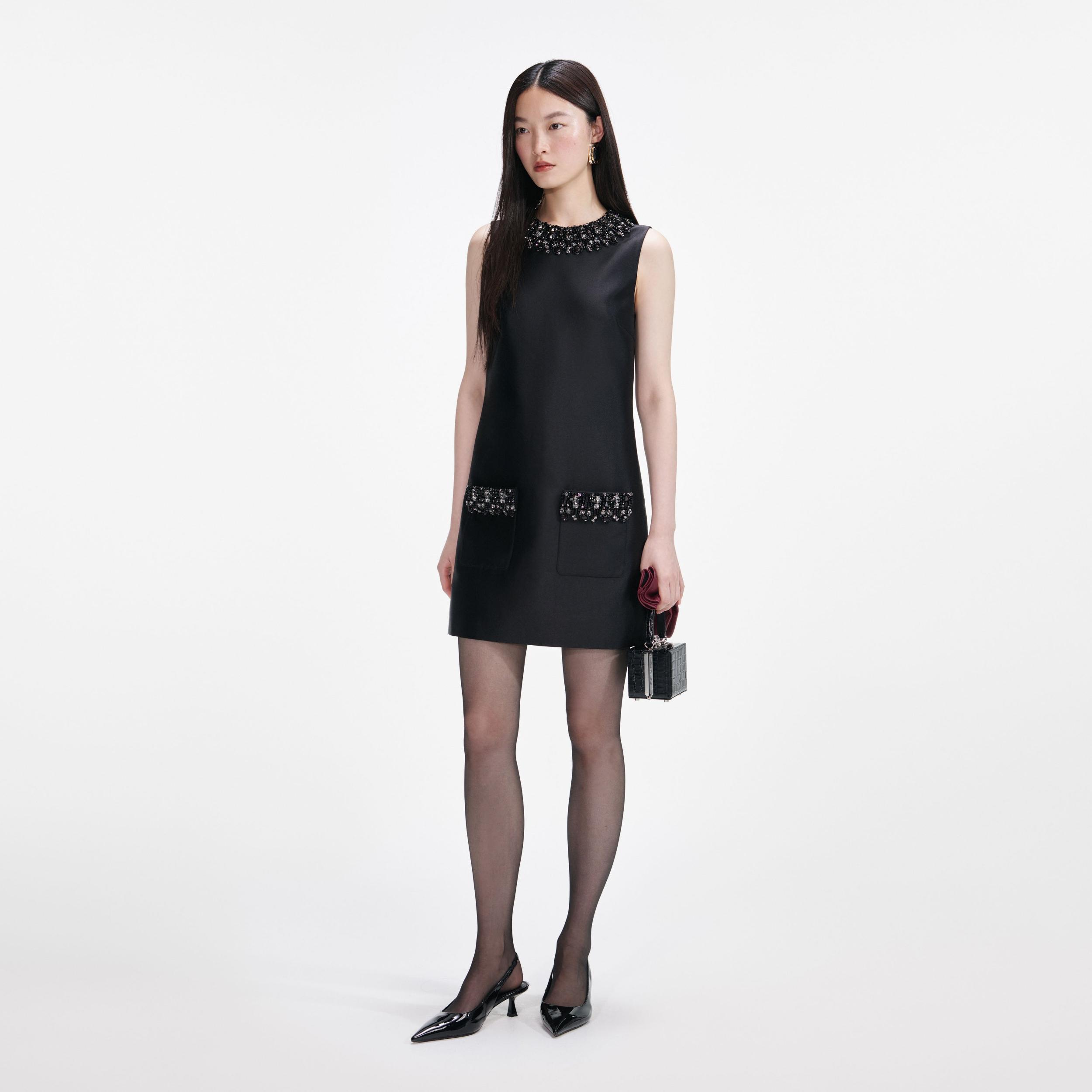 Black Taffeta Embellished Trim Mini Dress Product Image
