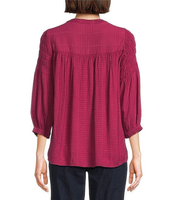 Intro Crinkle Gauze Crew Neck 3/4 Sleeve Smocked Romantic Button-Front Blouse Product Image