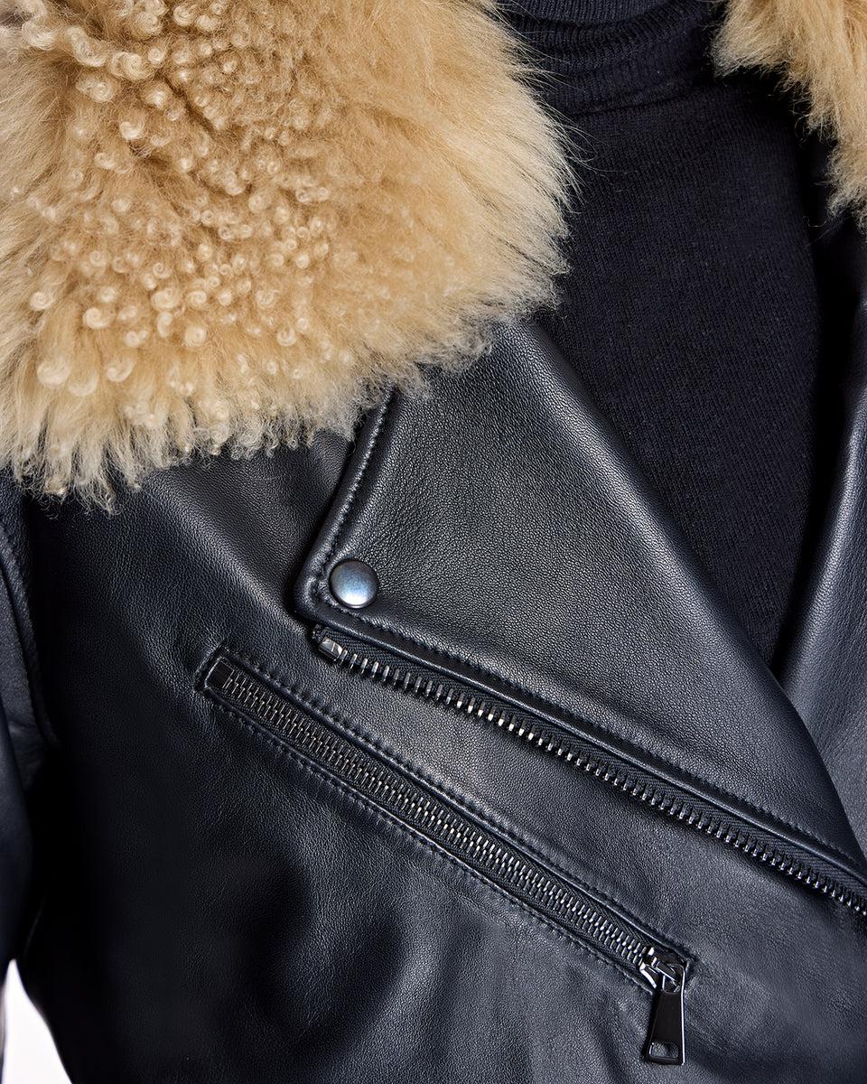 Leather Belted Moto Jacket with Detachable Lamb Collar-Maximilian Product Image