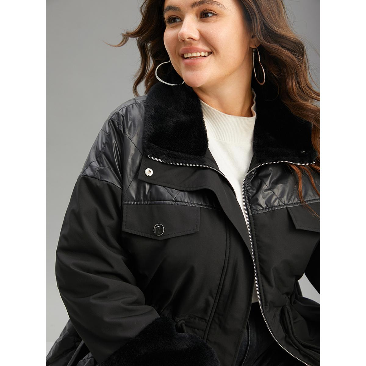 Plus Size Patchwork Fuzzy Drawstring Pocket Quilted Coat Women Black Casual Zipper Ladies Dailywear Winter Coats BloomChic 18-20/2X Product Image