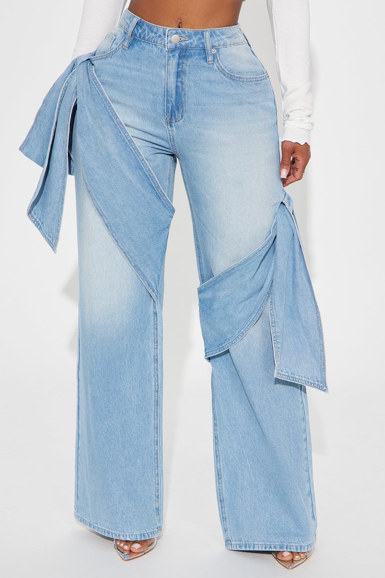 Tied Down Bow Wide Leg Jeans - Light Wash Product Image