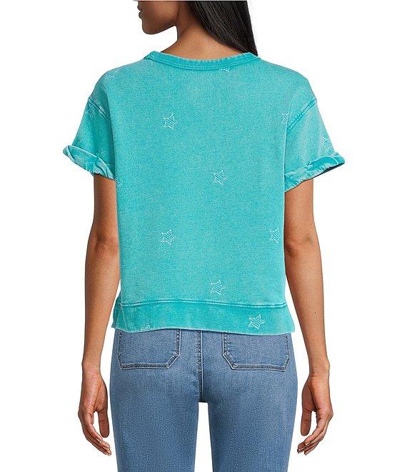 Westbound Petite Size Star Print Short Sleeve Crew Neck Knit Pullover Top Product Image
