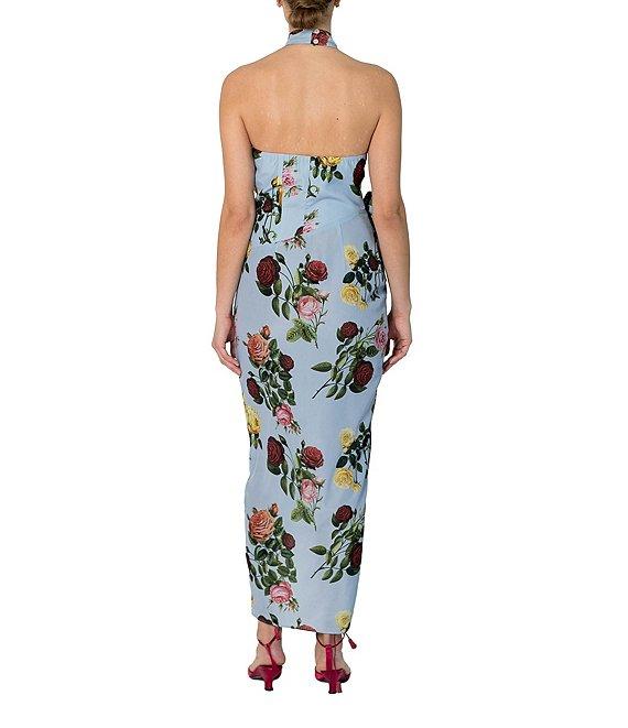 Damaris Bailey Helena Rose Print Halter Neck Sleeveless Sheath Wrap Midi Dress Product Image