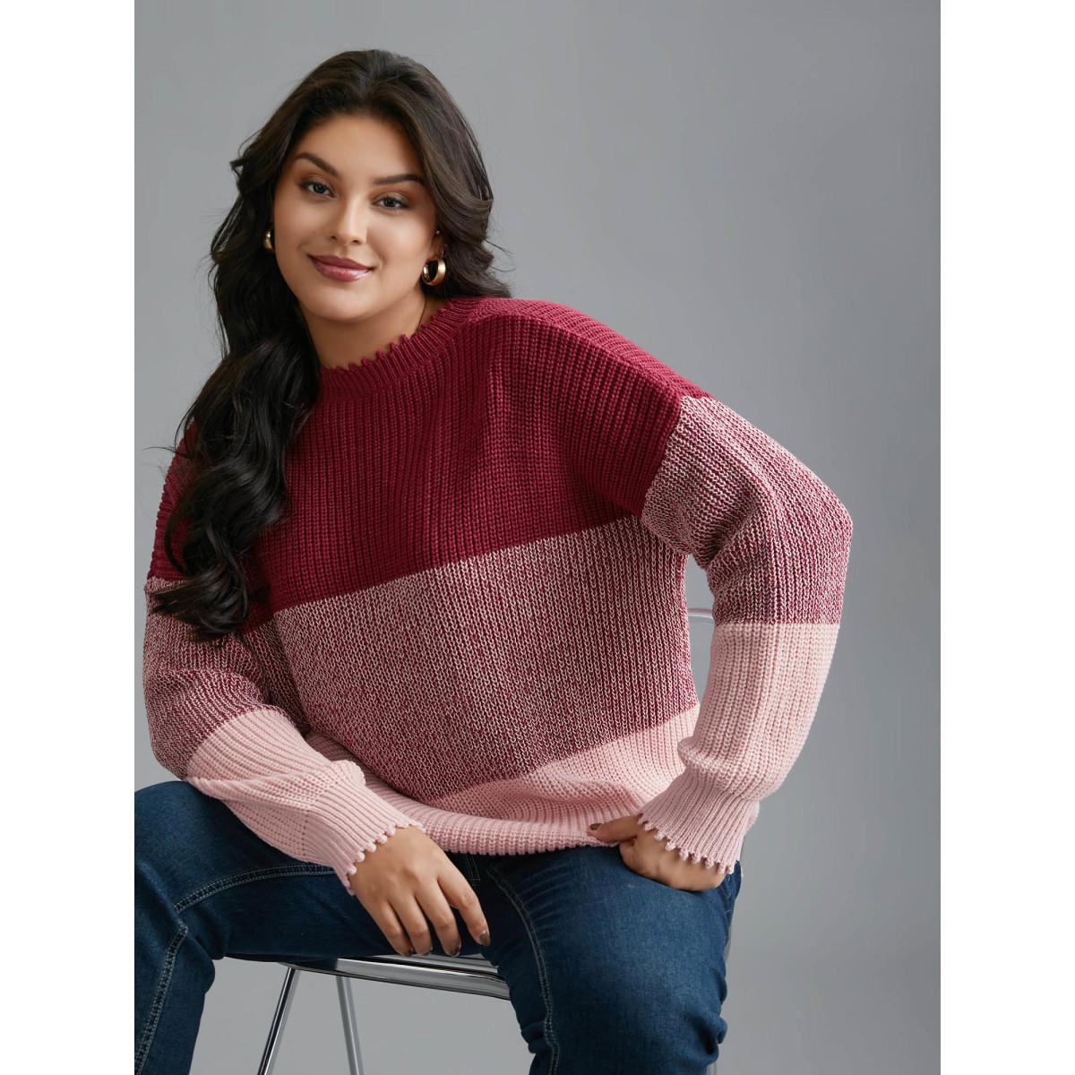 Plus Size Color Block Texture Round Neck Pullover Rosered Women Casual Loose Long Sleeve Round Neck Everyday Pullovers BloomChic 30/6X Product Image