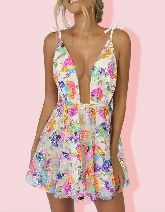 Spaghetti-Strap V-Neck Sequin Mini A-Line Dress Product Image