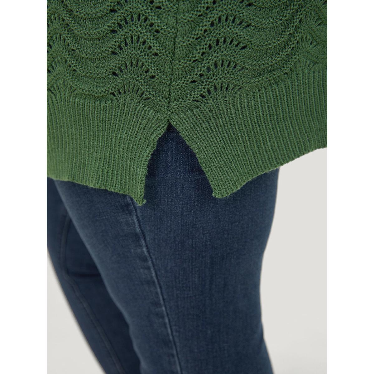 Plus Size Plain Open Front Split Side Cardigan Green Women Casual Loose Long Sleeve Everyday Cardigans BloomChic 26/4X Product Image