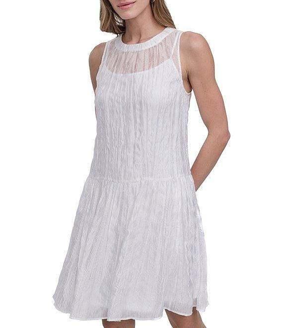 DKNY by Donna Karan Crew Neck Sleeveless Satin Shift Dress Product Image