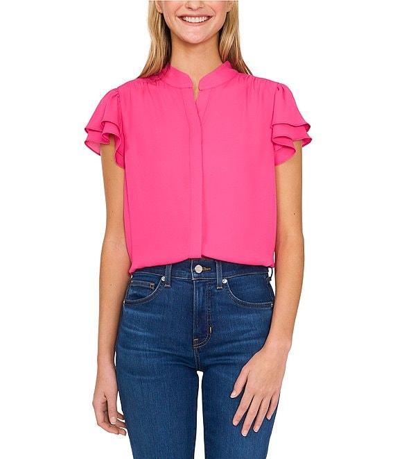 CeCe Woven Mandarin Collar Flutter Short Sleeve Blouse Product Image