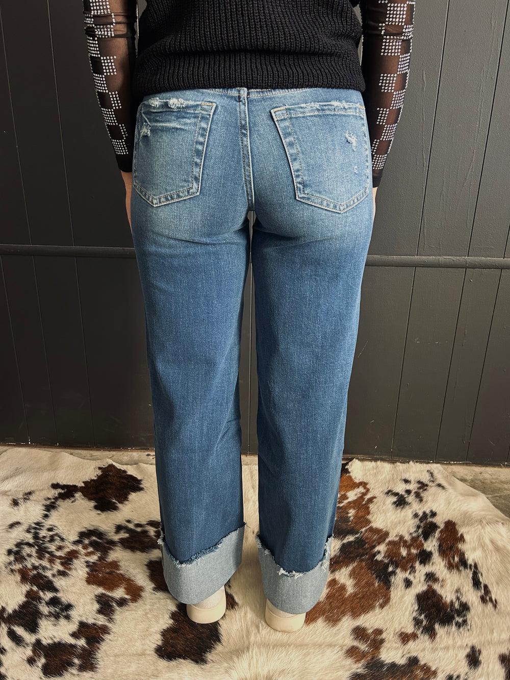 High Rise Wide Leg Cuff Jeans loop Product Image