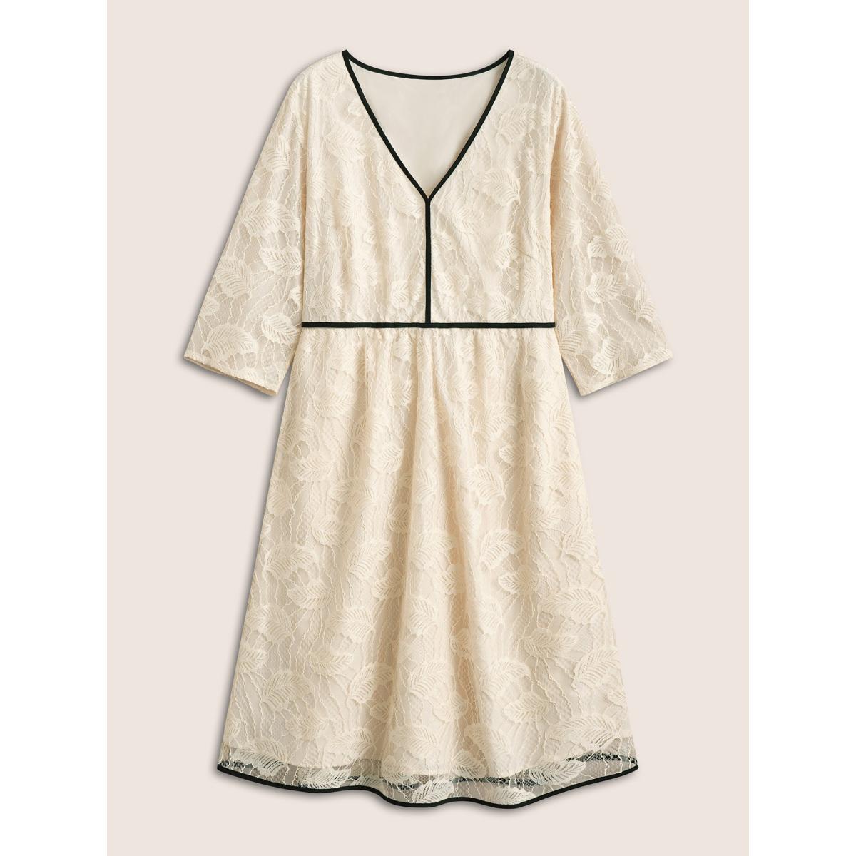 Plus Size Contrast Trim Lace V Neck Dress Apricot Women Elegant Non V-neck Elbow-length sleeve Curvy Midi Dress BloomChic 28/5X Product Image