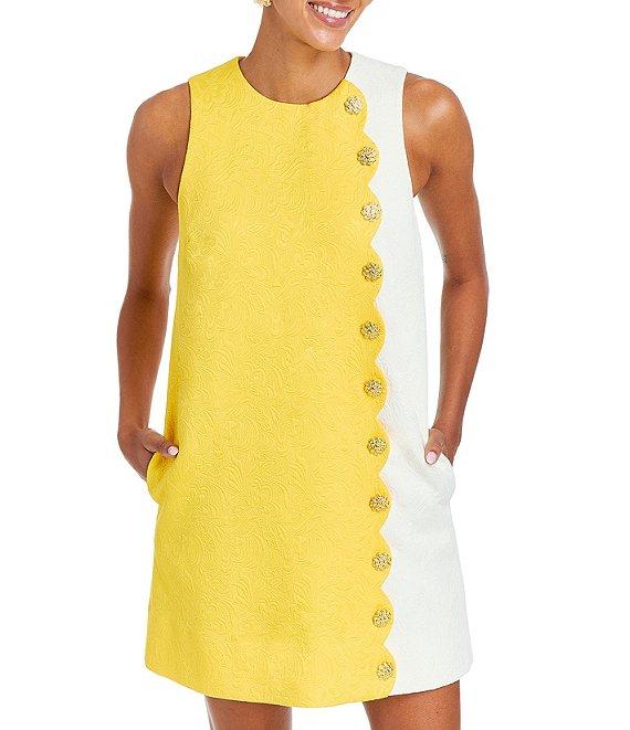 Mestiza New York Etta Floral Swirl Tonal Jacquard Color Block Side Scallop Button Trim Mini Shift Dress Product Image