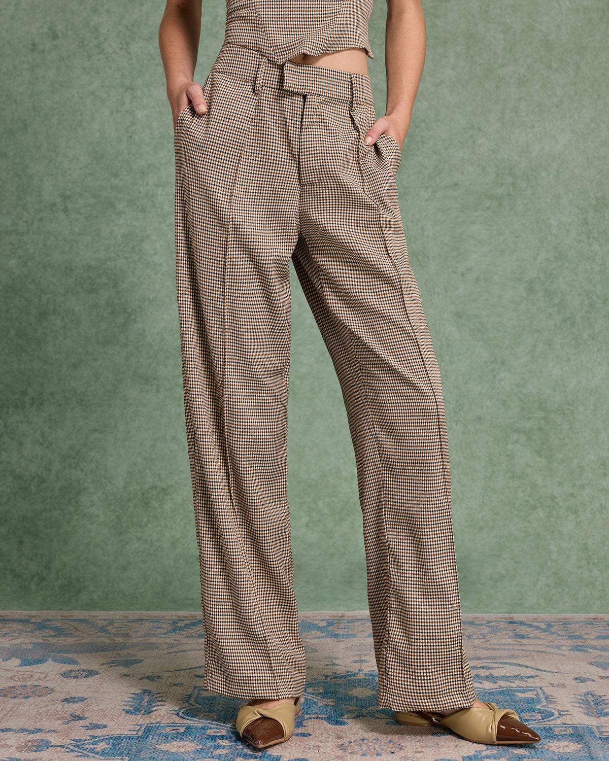 Brown Plaid Straigh Pants Product Image