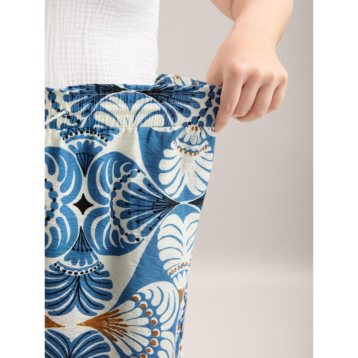 Plus Size Boho Print Shirred Waist Straight-Fit Shorts Women LightBlue Resort Drawstring Straight Leg Vacation Shorts BloomChic 12/L Product Image