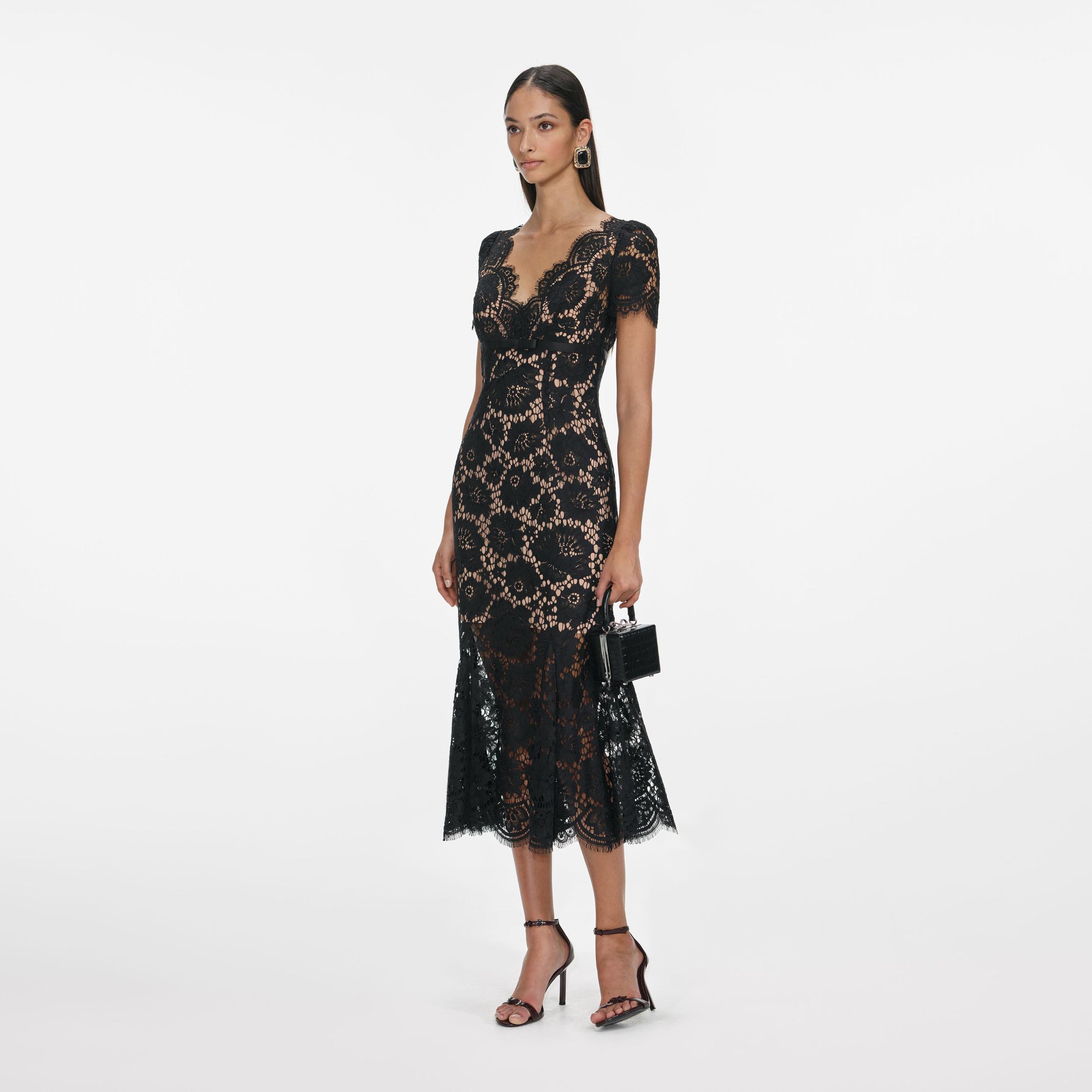 Black Floral Lace Midi Dress Product Image