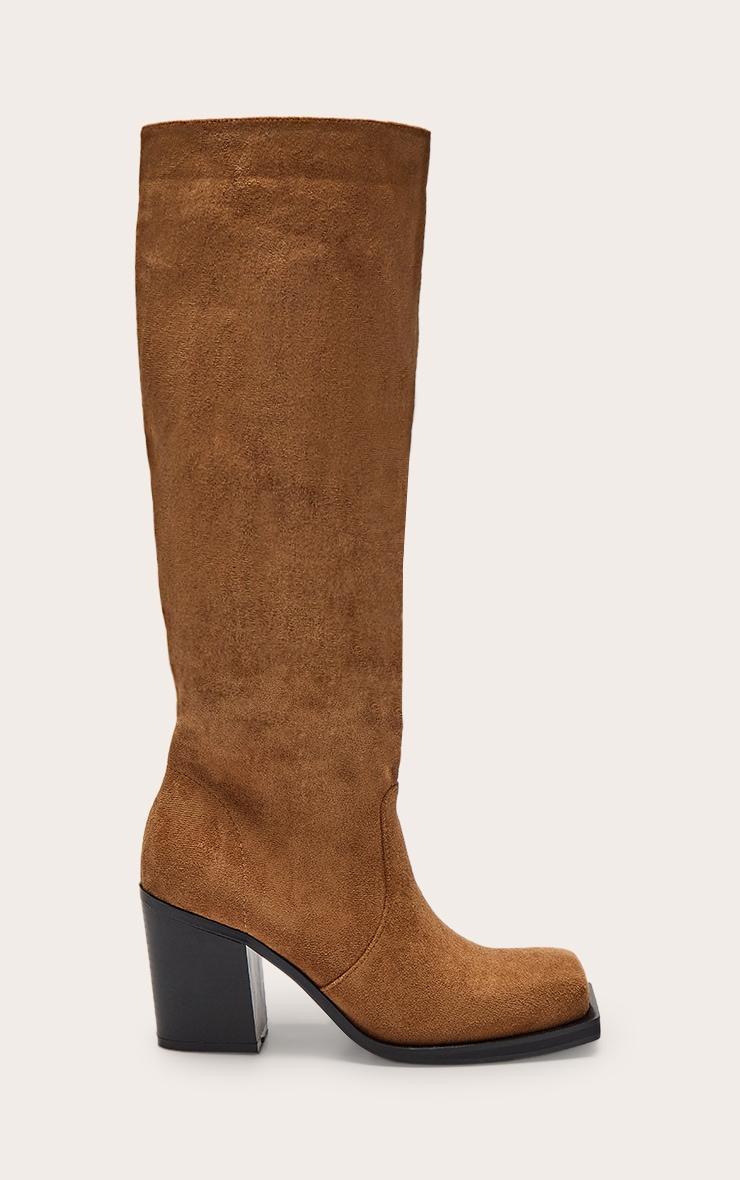 Tan Faux Suede Square Toe High Block Heel Knee High Boots Product Image