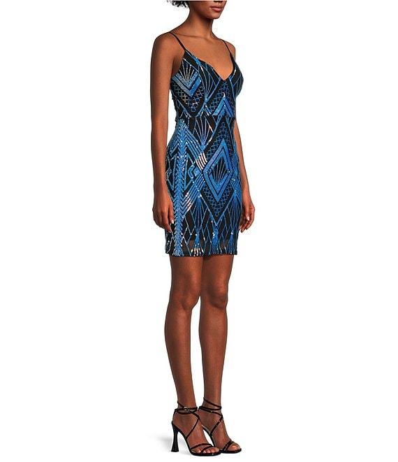 Honey and Rosie Spaghetti Straps Deep V-Neck Sequined Design Dress Product Image