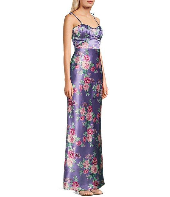 Pear Culture Reversible Printed Floral Satin to Solid Sweetheart Neck Spaghetti Straps Dress Product Image